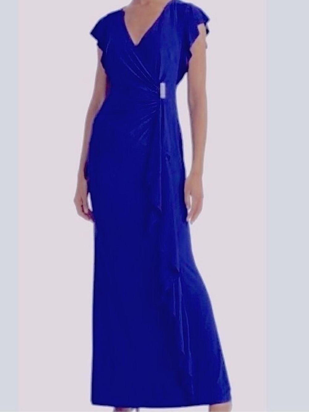 Ralph Lauren Parisian Ruched Floor Length Gown Size 8 Wrap Style Rhinestone Blue